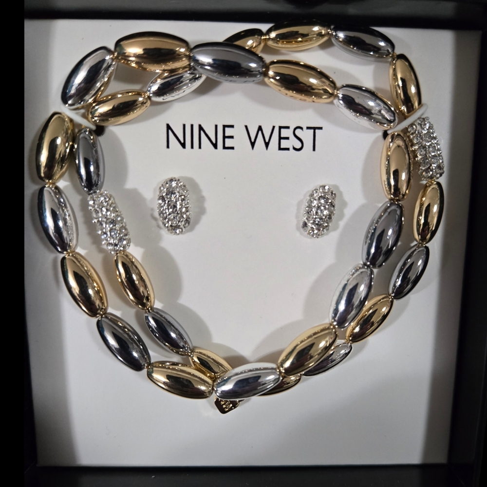 Nine West Gold and Silver Necklace and Earring Set NIB